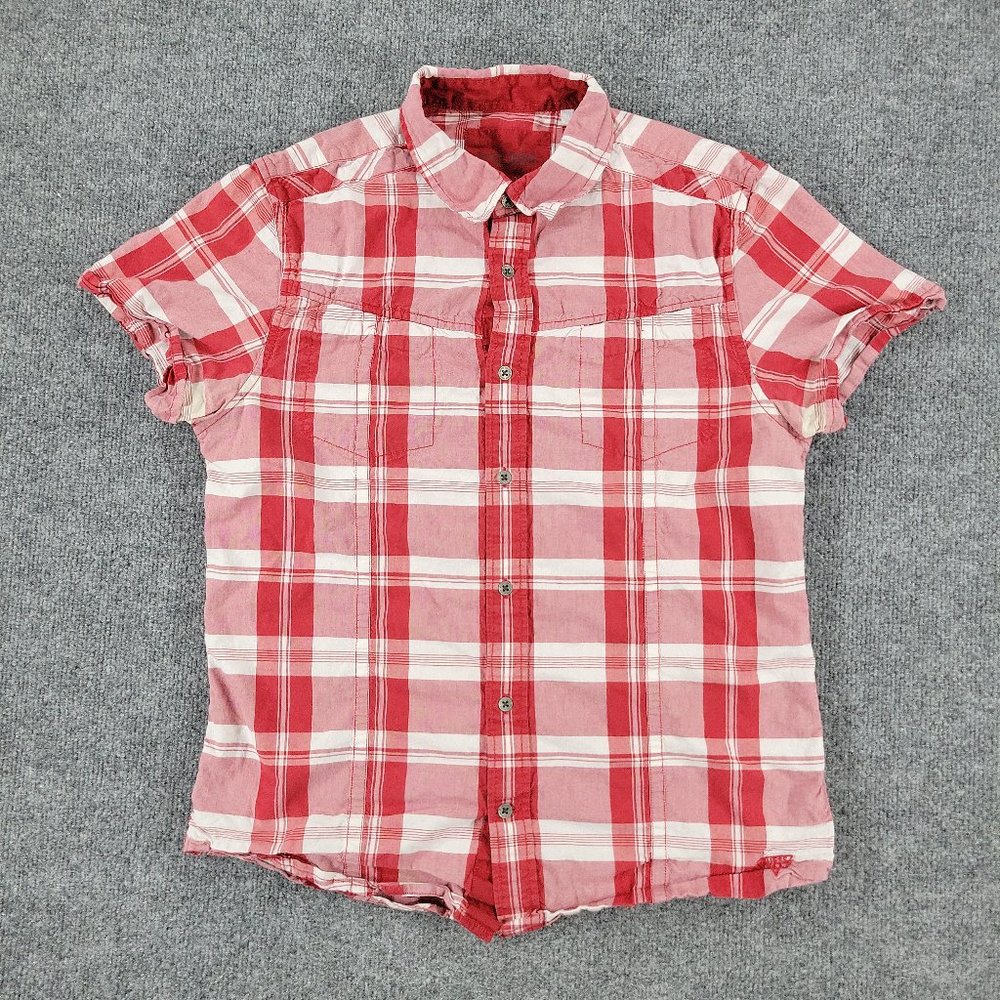 Guess Button Shirt Men's Medium Red Plaid Collar Short Sleeve Pocket Logo Cotton